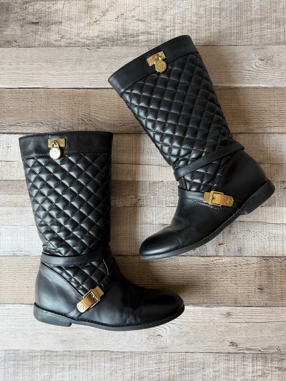 Michael Kors Emma Leena 2 Black Quilted Tall Boots Gold Logo Girls Size 4